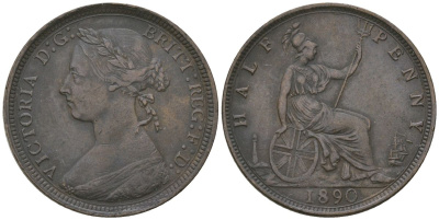 Великобритания 1/2 пенни 1890 Виктория (1837-1901) KM 754, Spink 3956 бронза 4163-841
