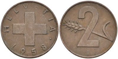 Швейцария 2 раппена 1958 В KM 47 бронза 4591-1221