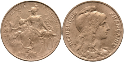 ФРАНЦИЯ 10 САНТИМОВ 1901 ТИП ДАНИЭЛЬ ДЮПЮИ KM 843, LA FRANC 136.11 бронза 4388-842