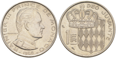 Монако 1 франк 1966 Ренье III (1949-2005) KM 140 никель 190-531