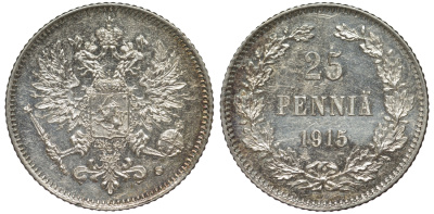 Россия для Финляндии 25 пенни 1915 S, Николай II (1894-1917) KM 6.2, Биткин 420 серебро 75-1218