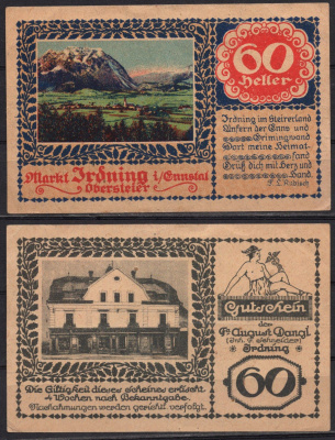 Австрия, Ирднинг 60 геллеров (1918-1921) Нотгельд, гора Гримминг Jaksc/Pick JPR0416-60 бумага 7555-15-1-2