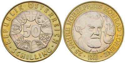 Австрия 50 шиллингов 1998 25 лет присуждению Нобелевской премии Конраду Лоренцу KM 3053 биметалл UNC 221-521
