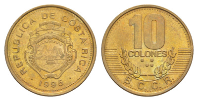 Коста-Рика 10 колонов 1995 KM 228.1 сталь плакированная латунью UNC 4642-856
