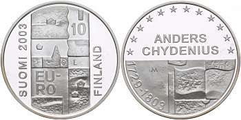 Финляндия 10 евро 2003 200 лет со дня смерти Андерса Чудениуса KM 110 серебро PROOF 11-162-24