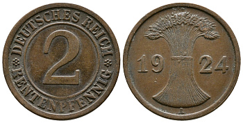 ГЕРМАНИЯ 2 РЕНТЕНПФЕННИГА 1924 A KM 31, J.307 бронза 86-1122