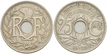 ФРАНЦИЯ 25 САНТИМОВ 1930 ТИП ЛАНДАЙЁ KM 867а, LE FRANC 171,14 медно-никель 4402-836