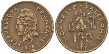 Французская Новая Каледония 100 франков 1976 хижина среди сосен и пальм, (IEOM) KM 15, Schoen 16, Lec 130 никель латунь 4137-542