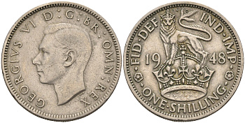 Великобритания 1 шиллинг 1948 Георг VI (1936-1952), Английский герб KM 863, Spink 4103 медно-никель    4595-914