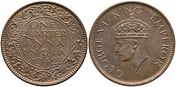 Британская Индия 1/4 анна 1942 Георг VI (1937-1952) KM 531 бронза aUNC 4364-2811