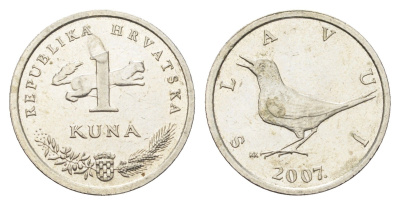 Хорватия 1 куна 2007 западный соловей, нечетный год KM 9.1 медь цинк никель aUNC 4659-734