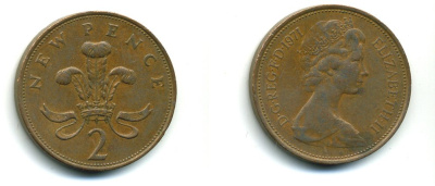 Великобритания 2 пенса 1971 Елизавета II (1952-2022) KM 916, Spink 4235 (C1) бронза 540-353