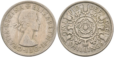Великобритания 2 шиллинга (флорин) 1956 Елизавета II (1952-2022) KM 906, Spink 4146 медно-никель    4117-416