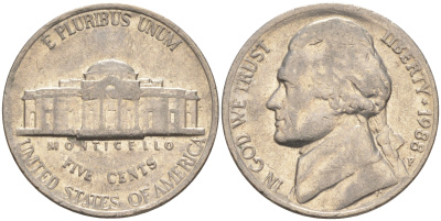 США 5 ЦЕНТОВ 1988 P, ДЖЕФФЕРСОН KM A192 медно-никель 4114-1112