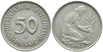 ФРГ 50 ПФЕННИГОВ 1984 J КМ 109.2 J.384a медно-никель 4392-1055