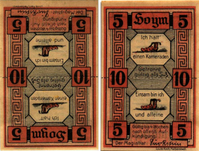 ХОЙМ 5 + 5 ПФЕННИГОВ 1921 НОТГЕЛЬД, ЗЕМЛЯ САКСОНИЯ-АНХАЛЬТ Grabowski 634.1 бумага 8608-10-3-2