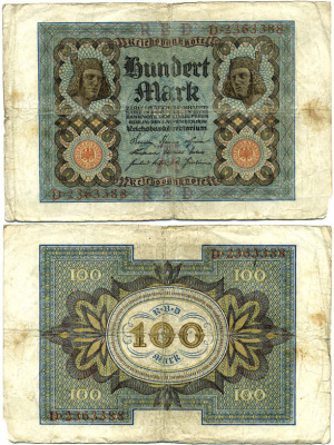 Германия 100 марок 1920 Бамбергский всадник, 7 цифр в номере Pick 69 a, Розенберг 67а  бумага 7457-10-2