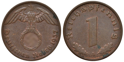 Германия 1 рейхспфенниг 1937 A KM 89, J. 361 бронза 4124-141