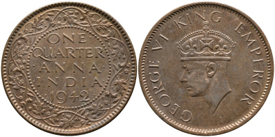 Британская Индия 1/4 анна 1942 Георг VI (1937-1952) KM 531 бронза aUNC 4364-2811