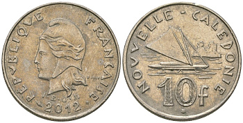 Французская Новая Каледония 10 франков 2012 рыбачья парусная лодка, (IEOM) KM 11a, Schoen 13a, Lec 99k медно-никель 65-133