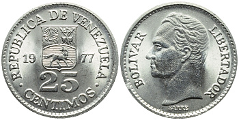 Венесуэла 25 сентимо 1977 Симон Боливар KM 50.2 никель 4392-954
