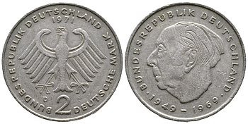 ФРГ 2 марки 1971 D, Теодор Хойс KM 127, J. 407 медно-никель плакированный никелем 47-823