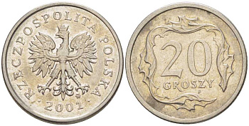 Польша 20 грошей 2001 MW KM 280 медно-никель 201-517