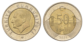 Турция 50 курушей 2021 Кемаль Ататюрк KM 1243 биметалл 4143-457