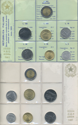 Италия набор из 7 монет 1983 оригинальная запайка, 1 монета биметалл    UNC  5-6-2-64