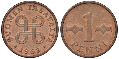 Финляндия 1 пенни 1963 первый год KM 44 медь 71-1025