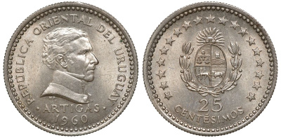 Уругвай 25 сентесимо 1960 KM 40 медно-никель 4169-768