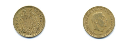 ИСПАНИЯ 1 ПЕСЕТА 1966 (70) ХУАН КАРЛОС I (1975-) KM 796 алюминиевая бронза 54-567