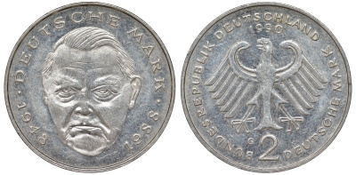 ФРГ 2 марки 1990 G, Людвиг Эрхард, 40 лет Федеративной Республике (1948-1988) KM 170, J. медно-никель 4137-1023