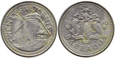 Барбадос 25 центов 1990 ветряная мельница Моргана Льюиса KM 13 медно-никель 4398-427