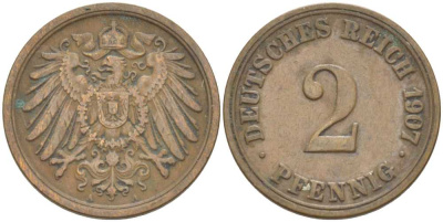 ГЕРМАНИЯ 2 ПФЕННИГА 1907 A KM 16, J. 11, Weege 4 медь 212-332
