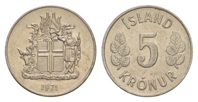 Исландия 5 крон 1971 KM 18 медно-никель UNC 4632-963