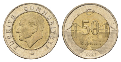 Турция 50 курушей 2021 Кемаль Ататюрк KM 1243 биметалл 4143-457