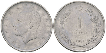 Турция 1 лира 1967 Мустафа Кемаль Ататюрк KM 889a.2 нержавеющая сталь 4584-1023