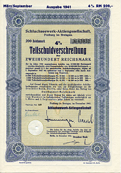 Германия 200 рейхсмарок 1941 АО Schluchseewerk (оператор 5 ГЭС), Фрайбург-им-Брайсгау, 4% -ное частичное обязательство   бумага   8804-77-1