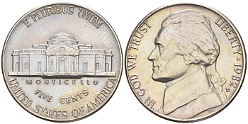 США 5 центов 1982 D, президент Джеферсон KM А192 медно-никель 4114-1024