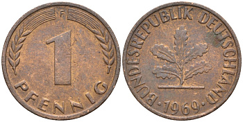 ФРГ 1 пфенниг 1969 F KM 105, J.380 сталь плакированная медью 4174-618