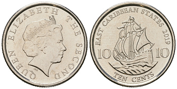 Восточно-Карибские штаты 10 центов 2019 Елизавета II (1952-2022), парусник KM 37 a никелированная сталь  UNC  M60-12