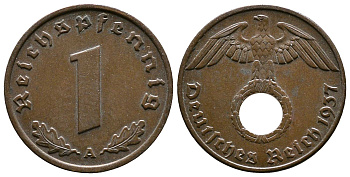 Германия 1 рейхспфенниг 1937 A KM 89, J. 361 бронза    220-217