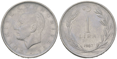 Турция 1 лира 1967 Мустафа Кемаль Ататюрк KM 889a.2 нержавеющая сталь 4584-1023