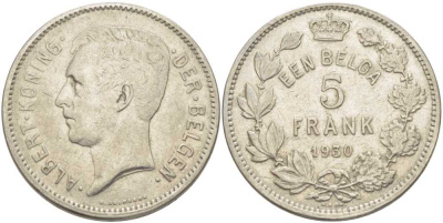 БЕЛЬГИЯ 5 ФРАНКОВ 1930 АЛЬБЕРТ I, DER BELGEN KM 98 никель 3851-322