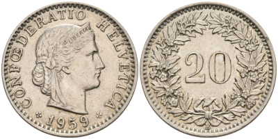Швейцария 20 раппенов 1959 В KM 29а медно-никель 92-1253