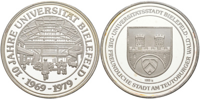 Германия медаль 1979 10 ЛЕТ УНИВЕРСИТЕТУ БИЛЕФЕЛЬДА (BIELEFELD), диаметр 35,2 мм., вес 15 гр. серебро PROOF 00-00