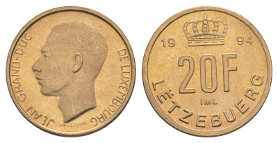 Люксембург 20 франков 1994 Великий герцог Жан (1964-2000), тираж 10.000 экземпляров KM 67 алюминиевая бронза BU 4178-742
