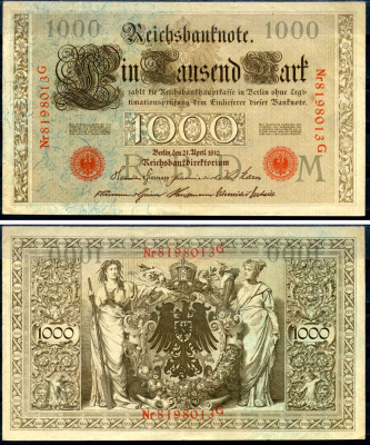 Германия 1000 марок 1910 21 апреля 1910, красная печать, номер семизначный, серия G, буква M, выпуск АПРЕЛЬ - ИЮЛЬ 1918 Pick 44 b бумага 2194-33-2-1