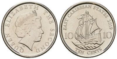 Восточно-Карибские штаты 10 центов 2019 Елизавета II (1952-2022), парусник KM 37 a никелированная сталь  UNC  M60-12